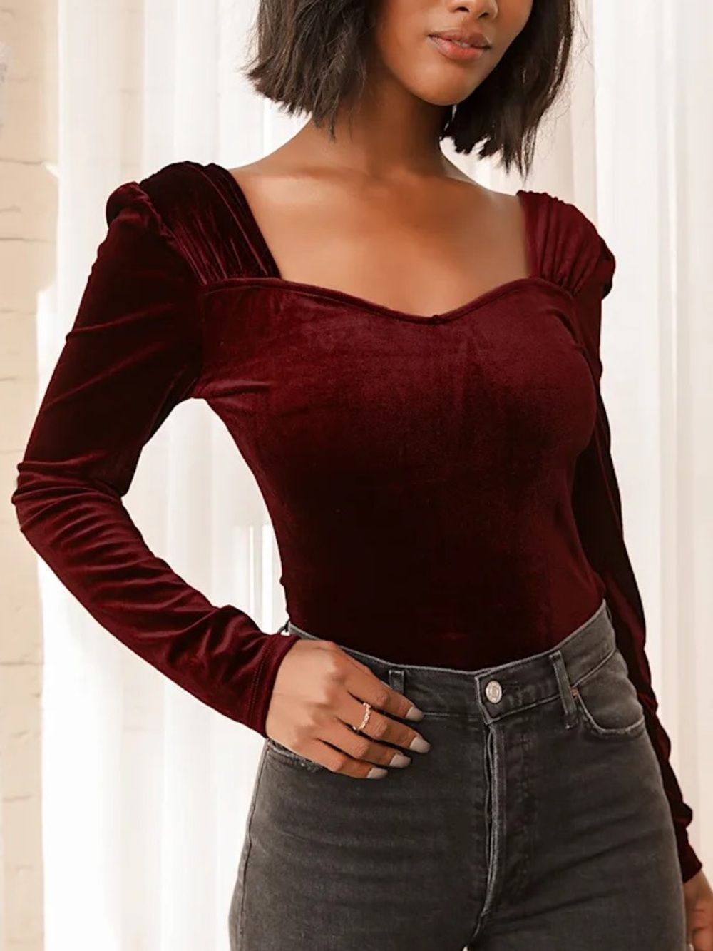 Lulus Joyful Time Burgundy Velvet Long Sleeve Bodysuit Sweetheart Holiday Red M